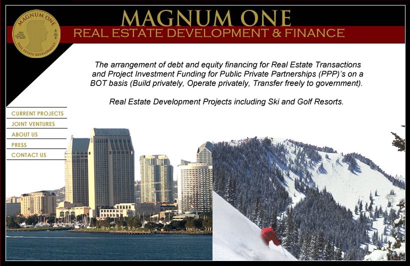 The arrangement of debt and equity financing for Real Estate Transactions, and Project Investment Funding for Public Private Partnerships (PPP)&rsquo;s on a BOT basis (Build privately, Operate privately, Transfer freely to government).  Real Estate Development Projects including Ski and Golf Resorts.